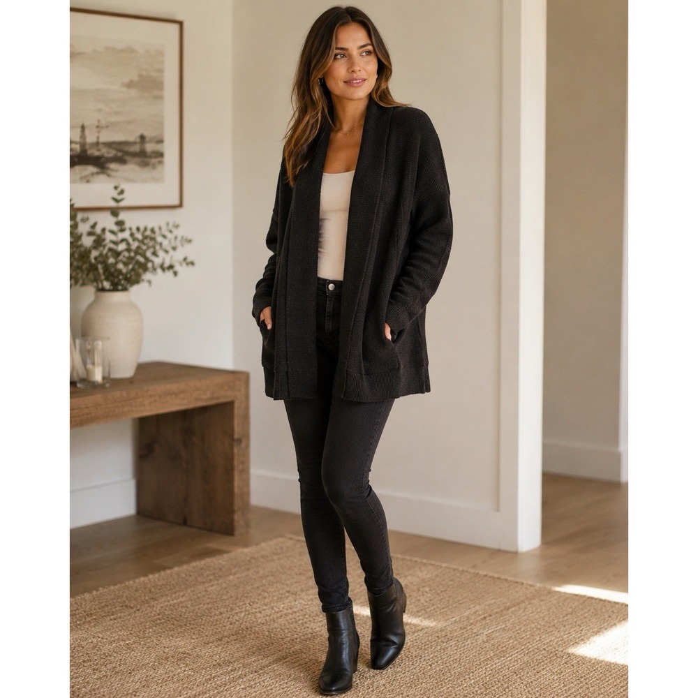 Free People Women's Black Open Front Cardigan Textured Knit Cotton Blend Sweater